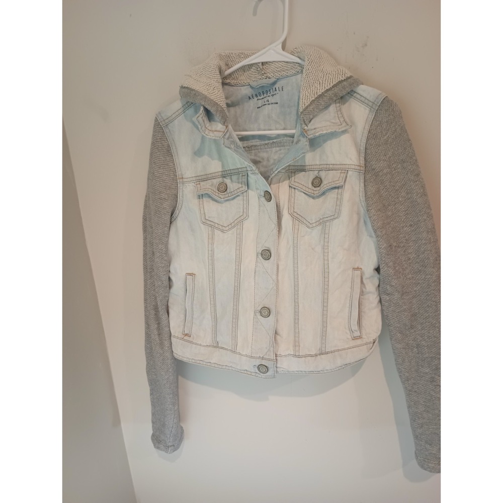Aeropostale Womens Denim Jacket Large Light Wash Hooded Sweatshirt Sleeves Crop